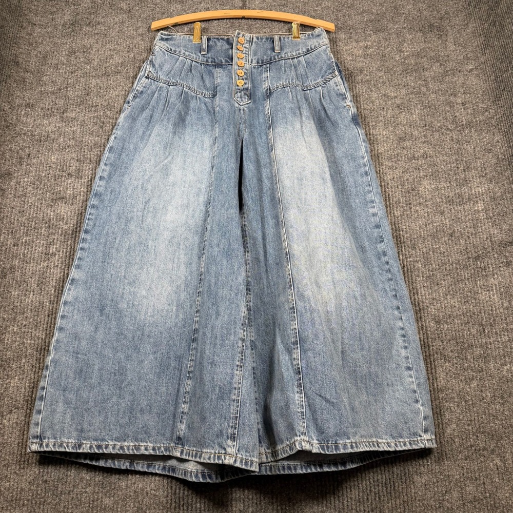 ee:some Wide Leg Pleated Denim Culottes Sz M Light Blue Button Fly Gaucho Retro